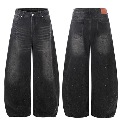 Washed Rhinestone Barrel Denim Jeans WN26102