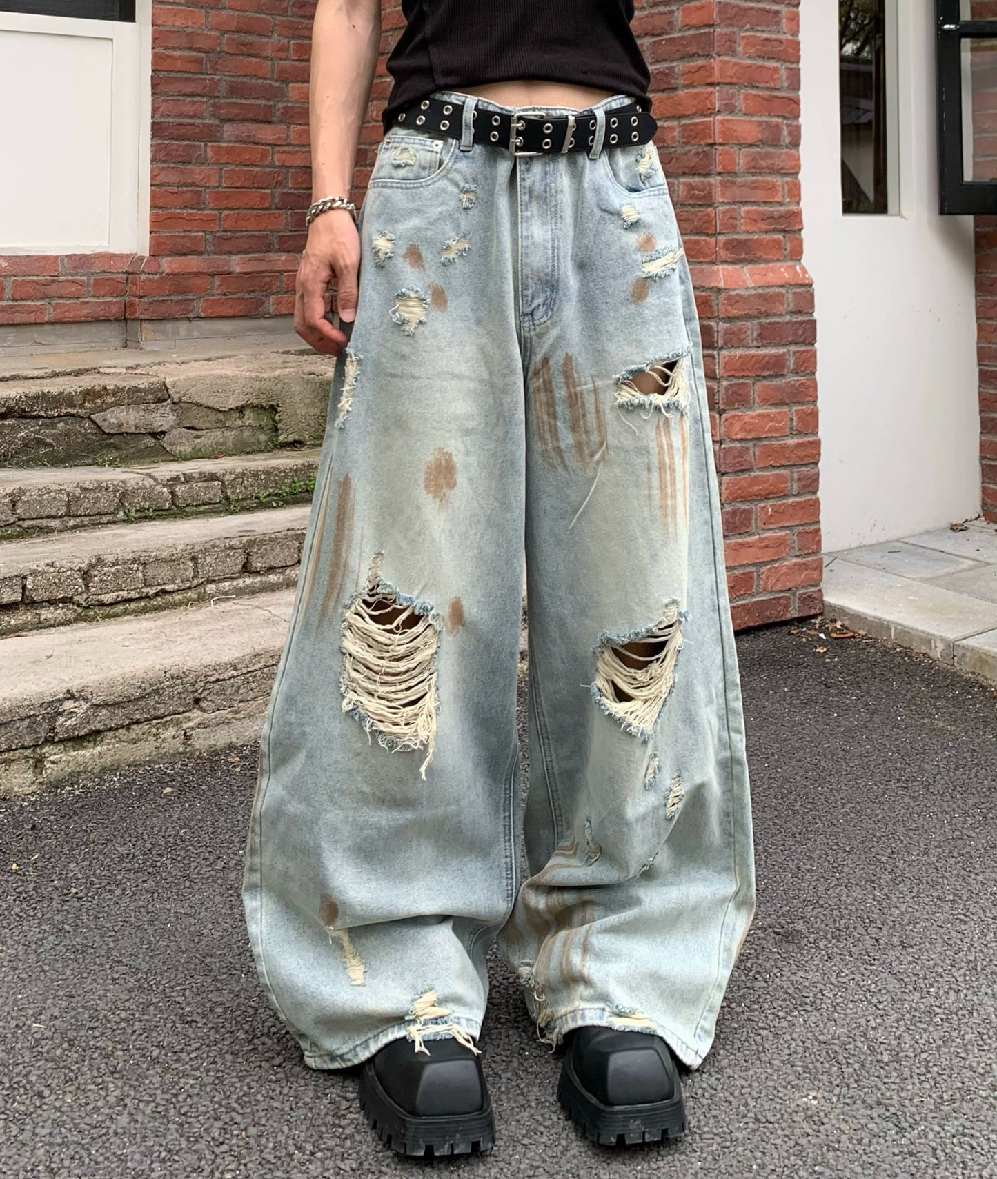 Damage Washed Wide Leg Denim Jeans WN19790