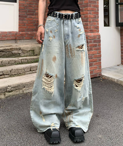 Damage Washed Wide Leg Denim Jeans WN19790