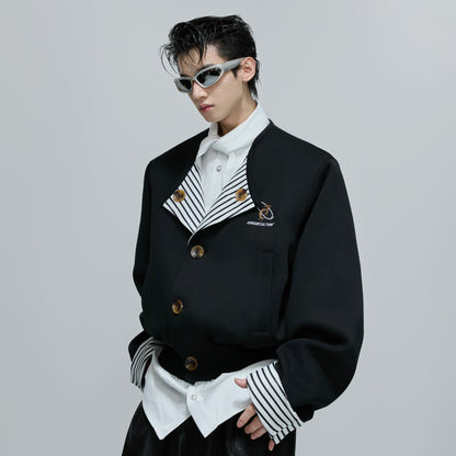 Striped Fake Layered Collarless Embroidery Short Jacket WN21711