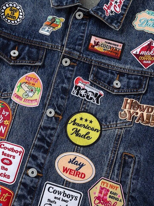 Multi Patch Applique Washed Denim Jacket WN24057