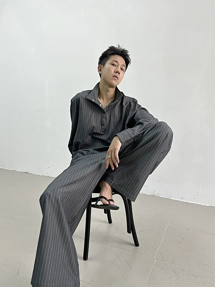 Striped High-Neck Long Sleeve Shirt & Trousers Setup WN11641