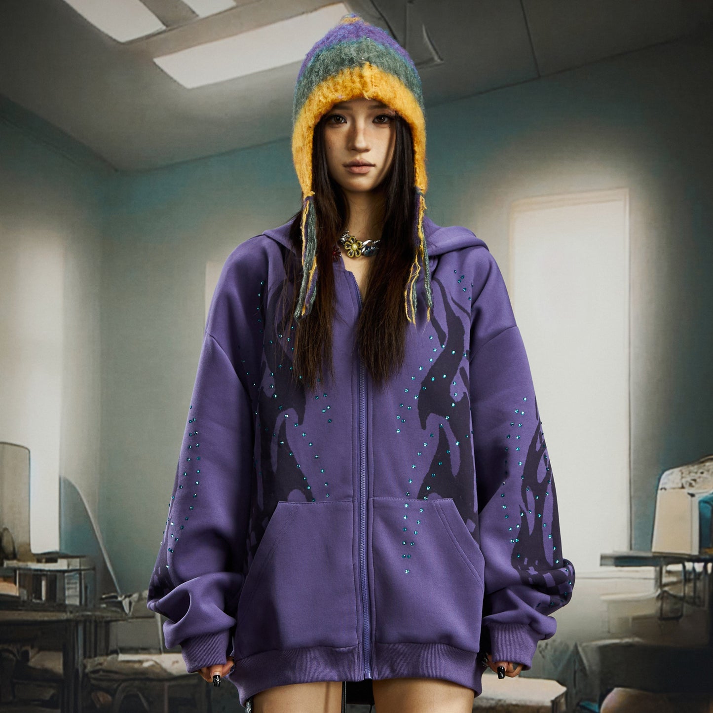 Totem Print Rhinestone Oversize Zipper Hoodie WN22736