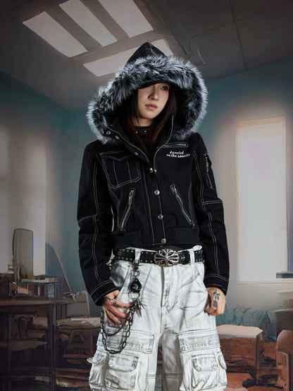 Embroidery Detachable Fur-Collar Denim Jacket WN21352