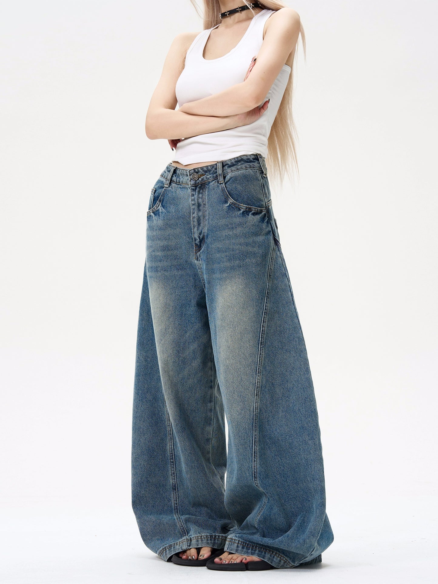 Washed Wide Leg Denim Jeans WN8450