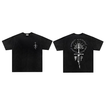 Washed Broken Sword Sacred Tree Print Short Sleeve T-Shirt WN26903