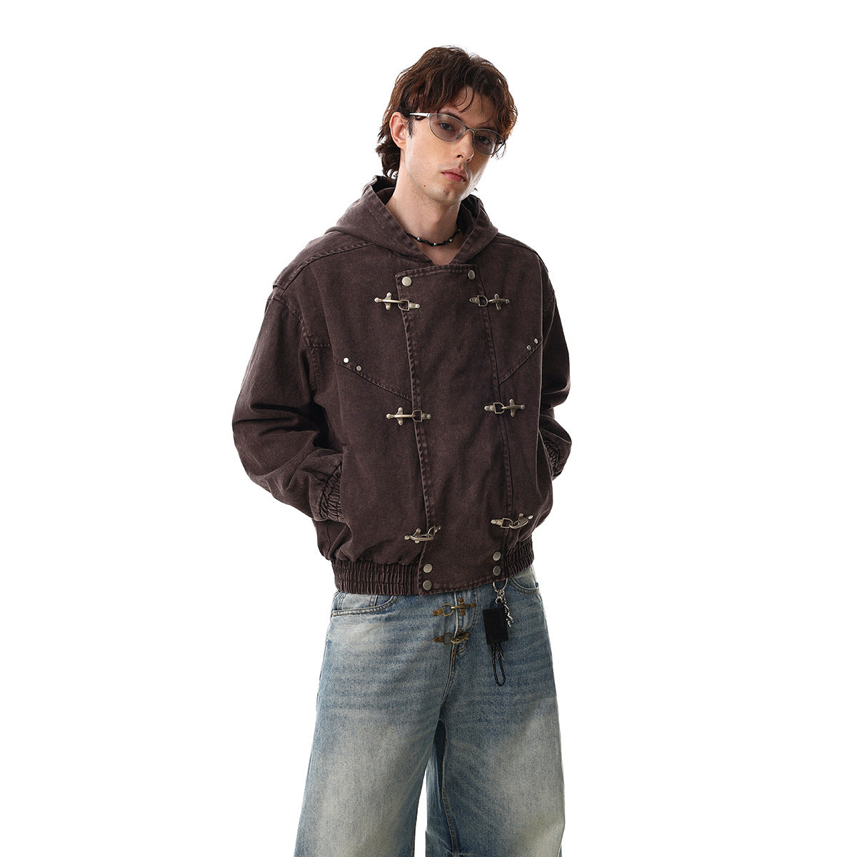 Washed Metal Buckle Hooded Denim Jacket WN23044