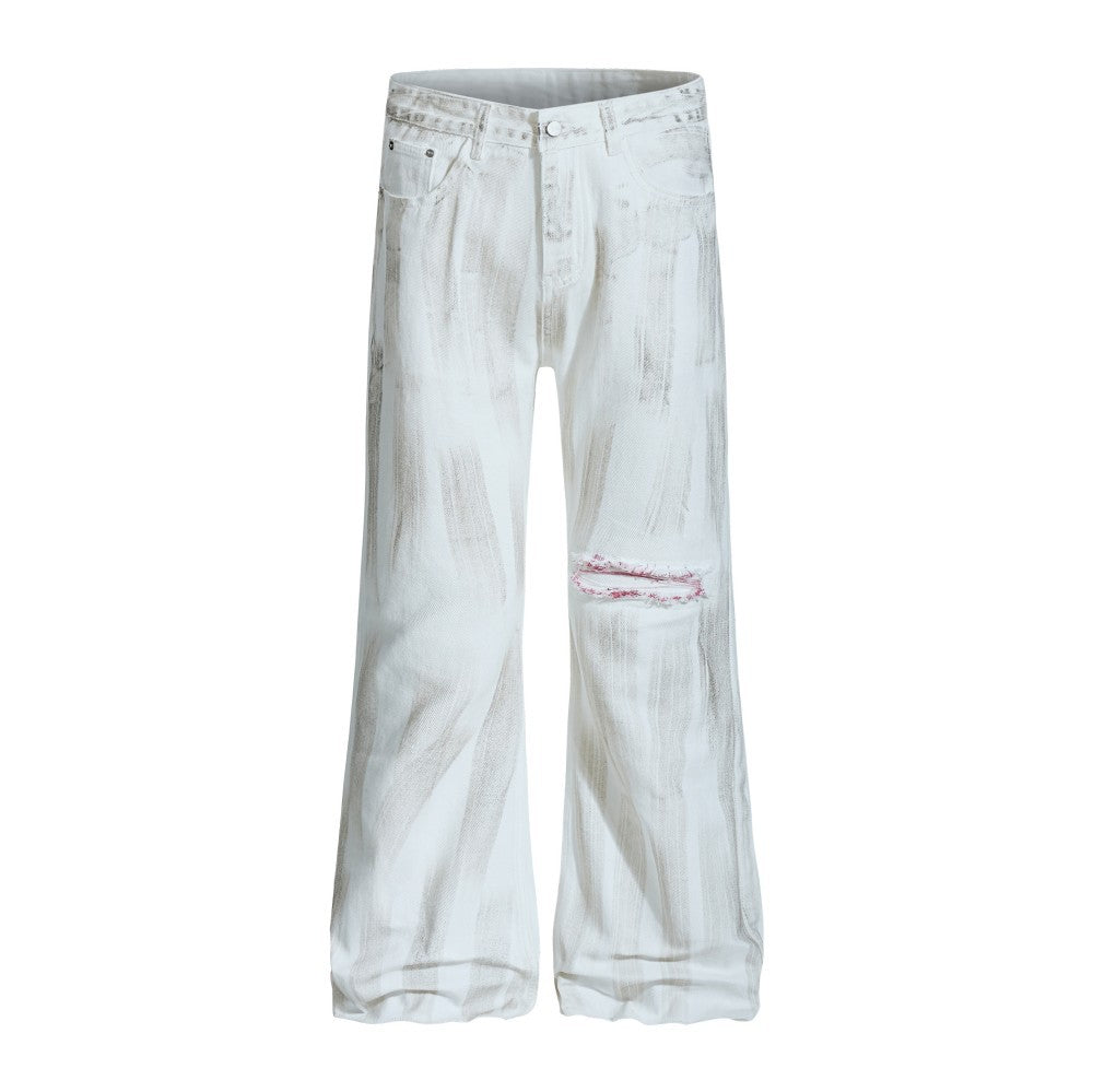 Vertical Brush Ripped Print Wide Leg Denim Jeans WN27851
