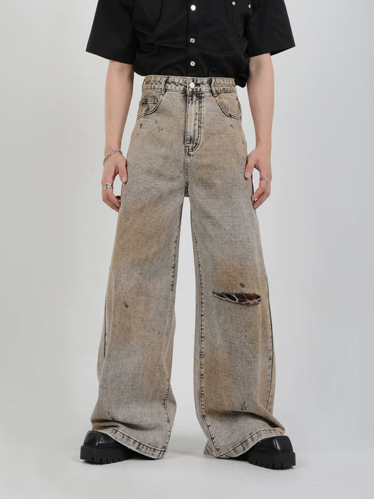 Mud Dyed Wide-Leg Straight Denim Jeans WN7112