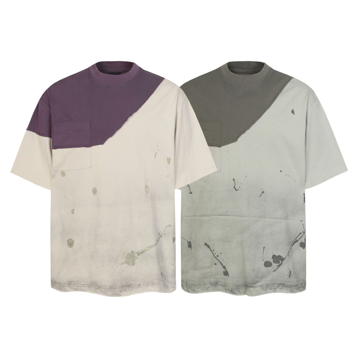 Damage Contrast Patchwork Pocket Short Sleeve T-Shirt WN26815