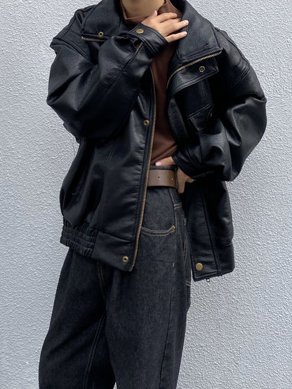 Lapel Oversize PU Leather Zipper Jacket WN19951