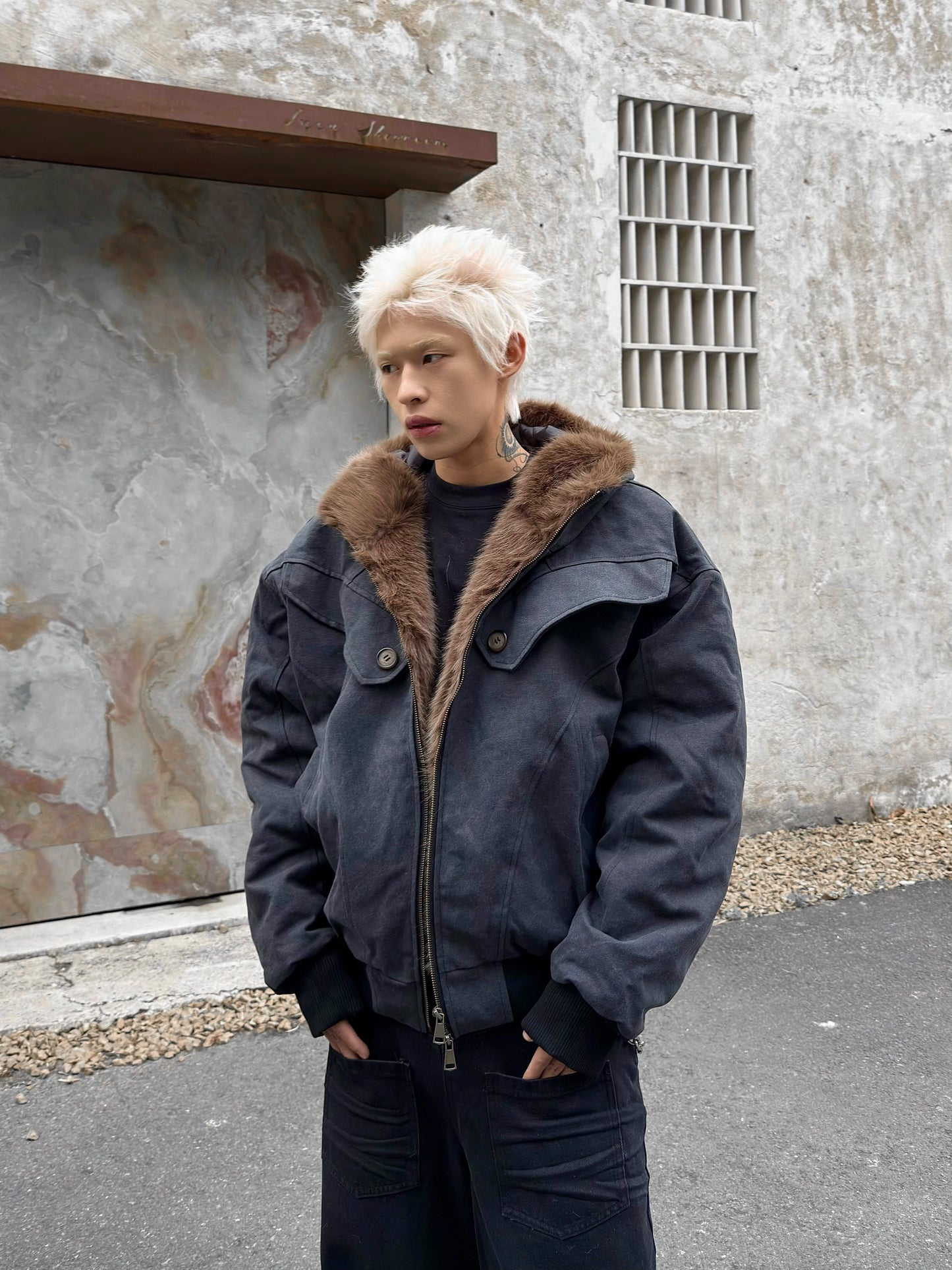 Armored Structured Hooded FakeFur-Collar Short Jacket WN22211