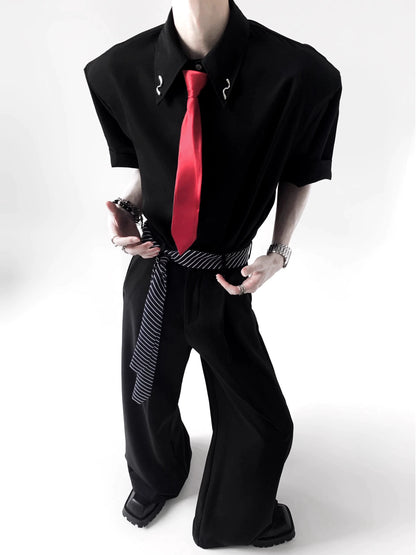 Metal Detail Shoulder-pad Short Sleeve Shirt & Tie WN20346