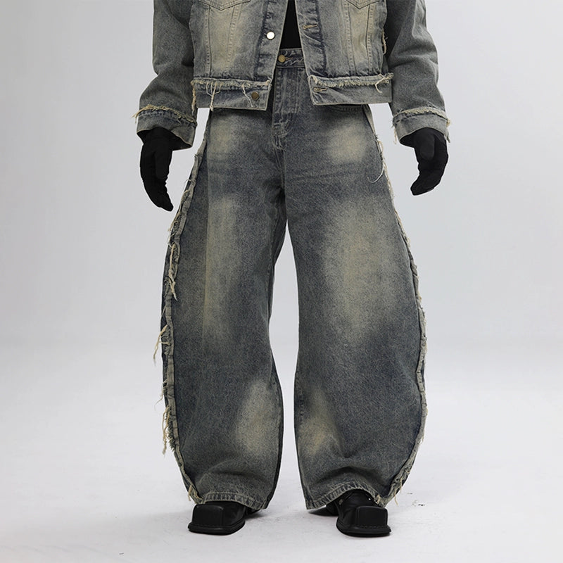 Fringe Curved Hem Wide Leg Denim Jeans WN18623