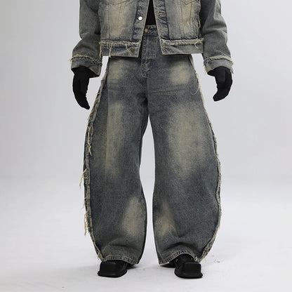 Fringe Curved Hem Wide Leg Denim Jeans WN18623