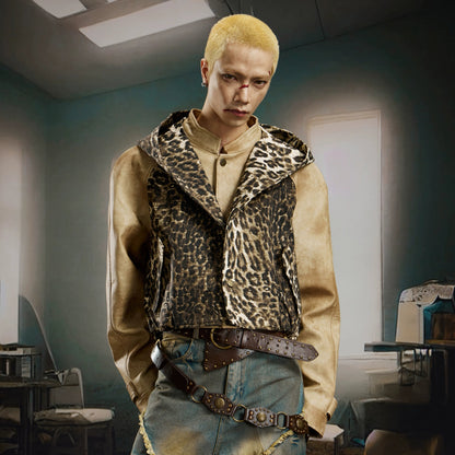 Deconstruction Patchwork Leopard Hooded PU Leather Jacket WN21381