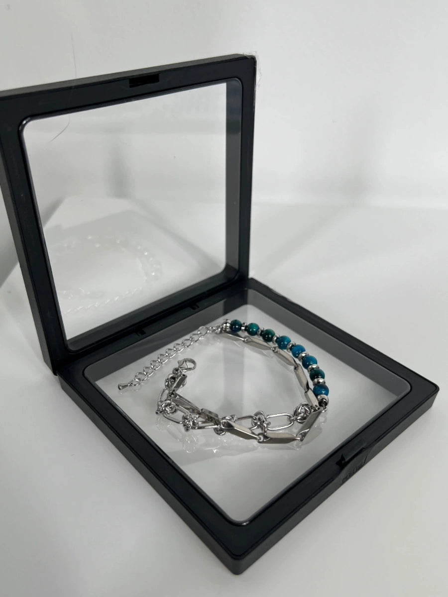 Double Layer Blue Tiger Eye Titanium Steel Bracelet WN19261