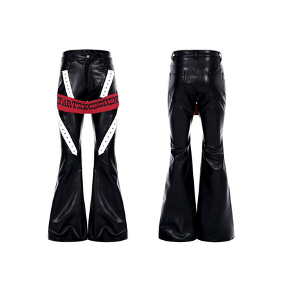 Contrast Ribbon Stand Neck PU Leather Jacket & Contrast PU Leather Flare Pants Setup WN22646