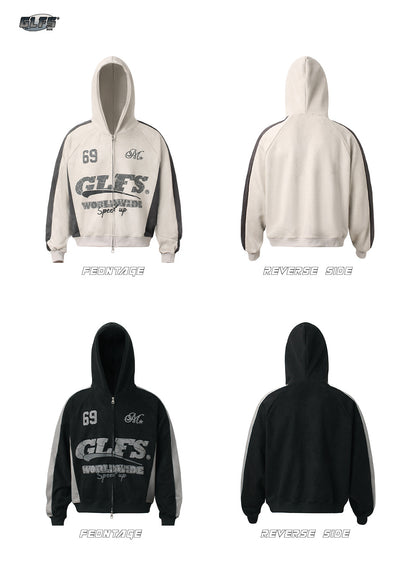 Suede Panel Letter Print Zipper Hoodie WN26524