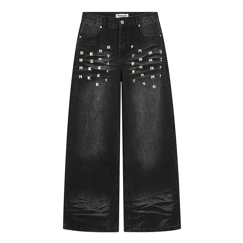 Square Stud Whisker Wash Wide Leg Denim Jeans WN24234