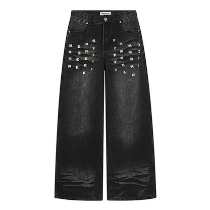 Square Stud Whisker Wash Wide Leg Denim Jeans WN24234
