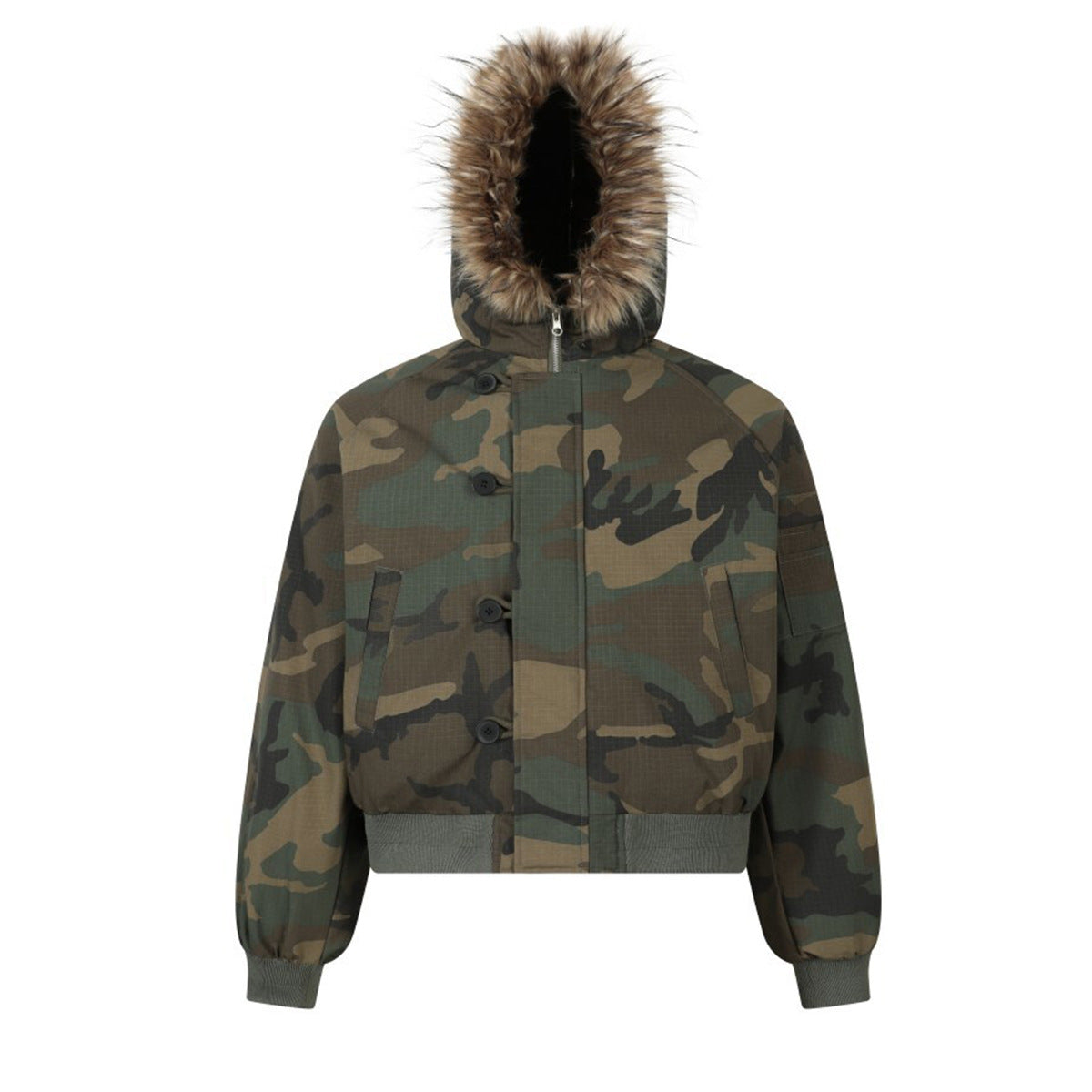 Fake Fur Collar Camouflage Short Puffer Jacket WN21932