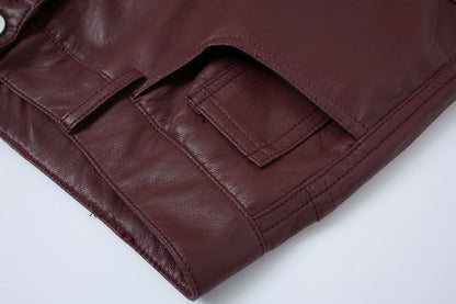 PU Leather Pocket Cropped Wide Leg Cargo Hahf Pants WN25652