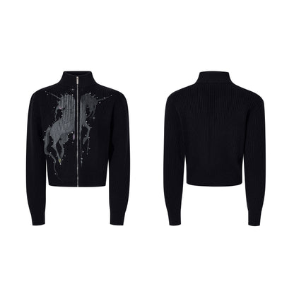 Yin-Yang Unicorn Print Rhinestone High-Neck Knit Cardigan WN23264