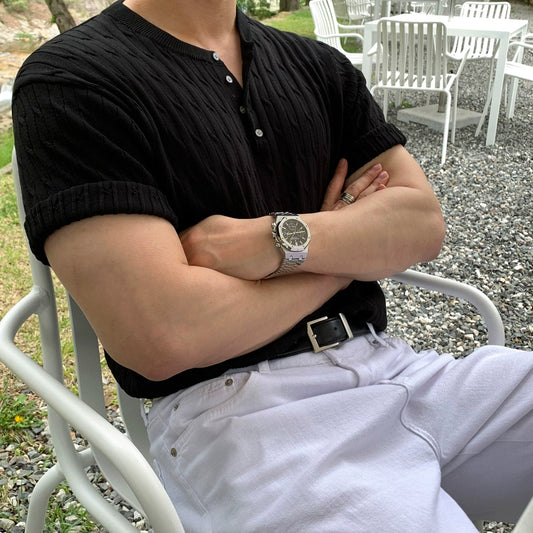 Knit Henley Neck Oversize Short Sleeve T-Shirt WN20323