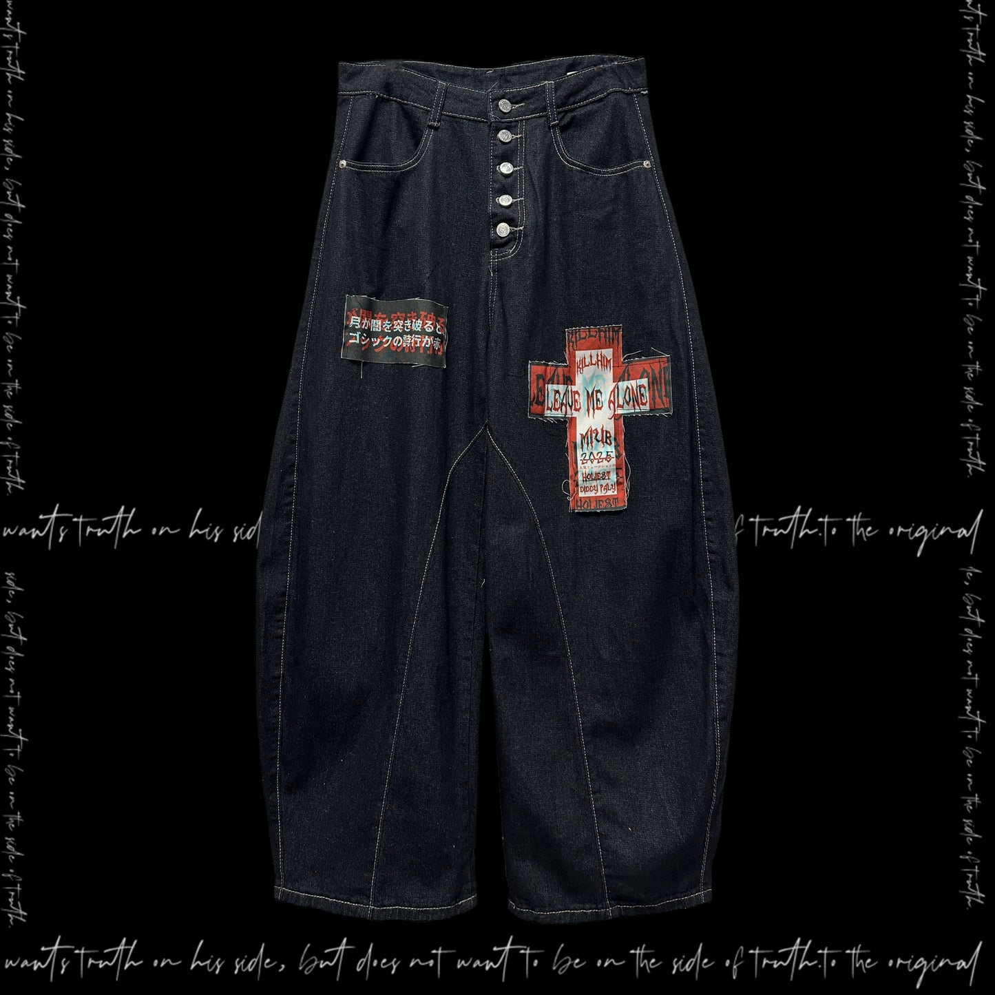 Graphic Patchwork Scimitar Wide Leg Denim Jeans & Belt & Chain & Scarf WN20132