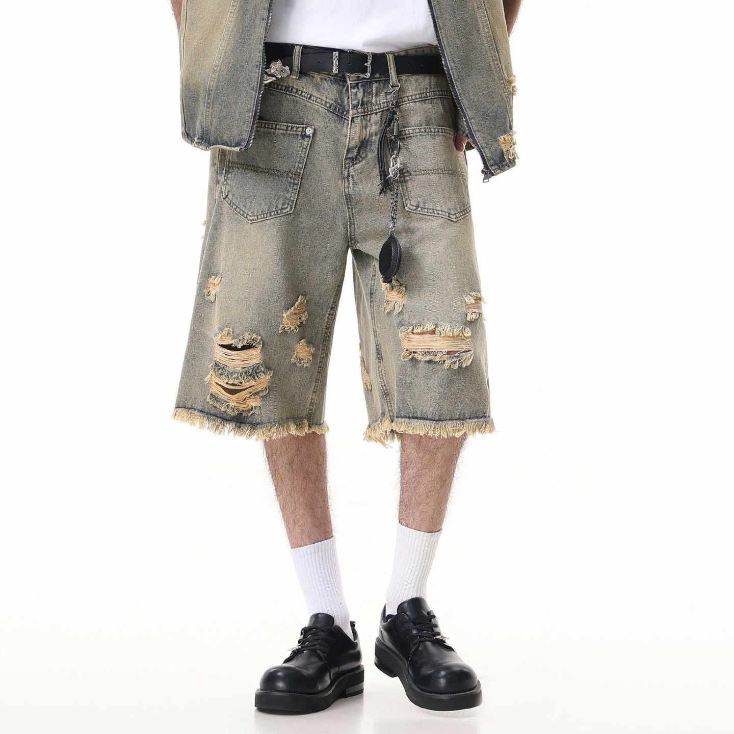 Washed Damage Wide Leg Denim Short Pants WN25596