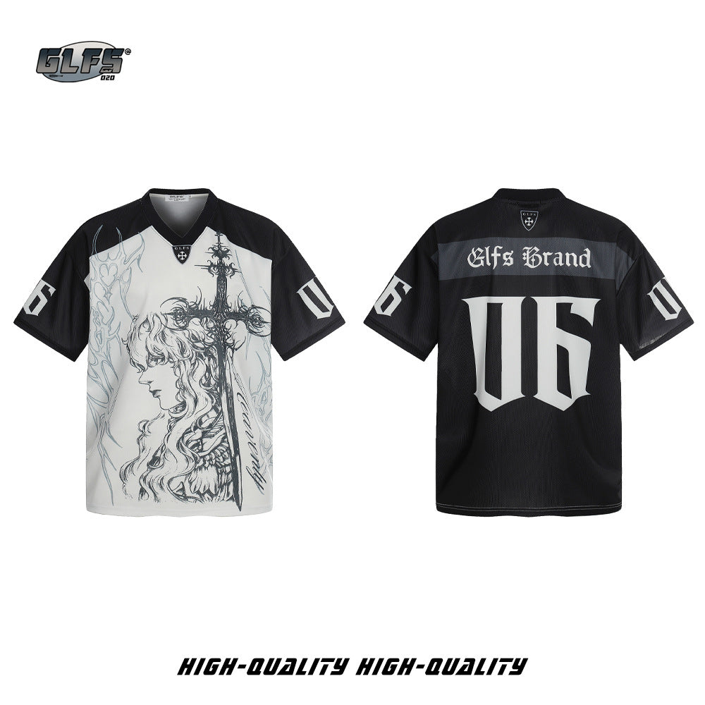 Sporty Illustration Cross V-Neck Short Sleeve T-Shirt WN26472