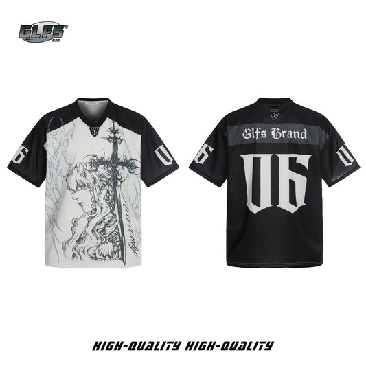 Sporty Illustration Cross V-Neck Short Sleeve T-Shirt WN26472