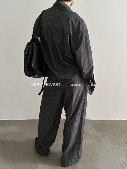 Stripe Stand-neck Shirt & Wide-Leg Straight Pants Setup WN8904