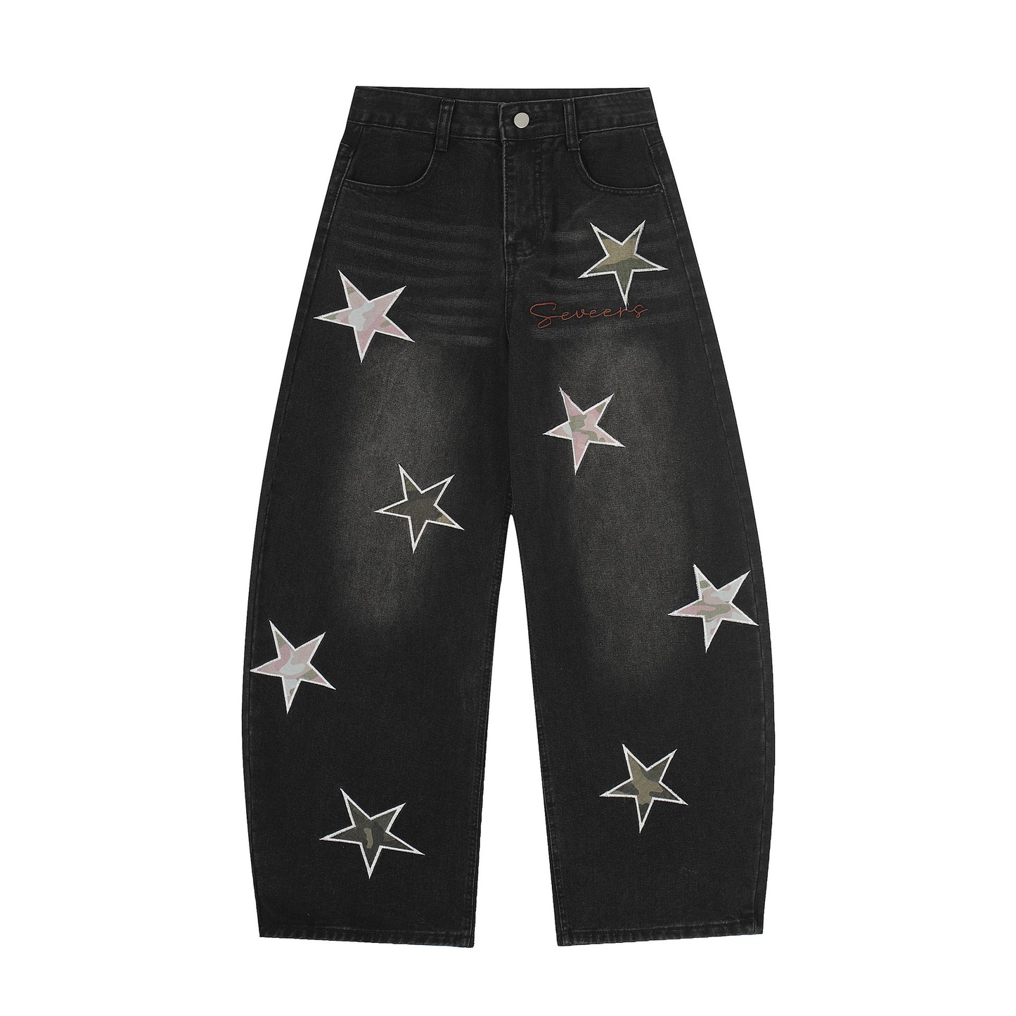 Washed Star Applique Wide Leg Denim Jeans WN25451