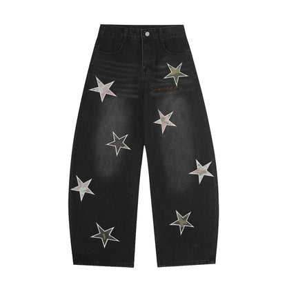 Washed Star Applique Wide Leg Denim Jeans WN25451