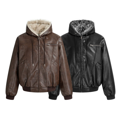 Hooded Fake Fur Lining Zip-Up PU Leather Jacket WN23081