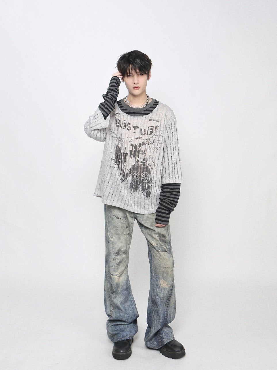 Fake Layered  Stripe Graphic Print Long Sleeve T-Shirt WN24465