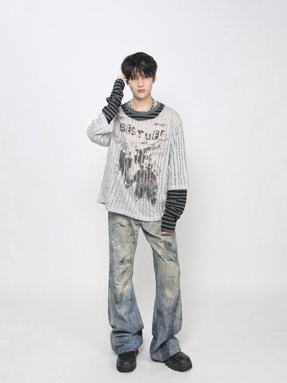 Fake Layered  Stripe Graphic Print Long Sleeve T-Shirt WN24465