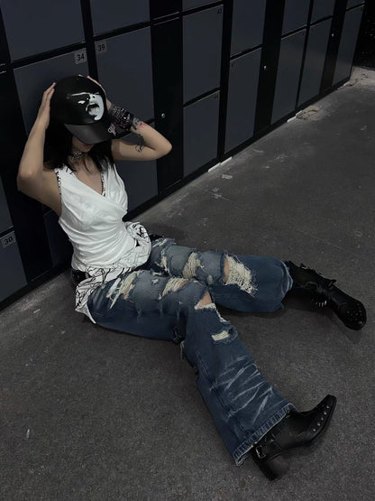 Damage Washed Wide Leg Denim Jeans WN27962