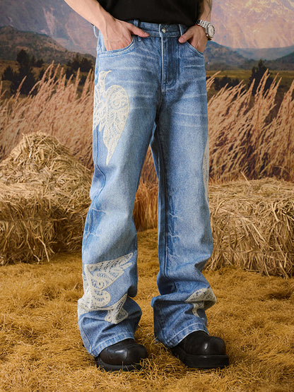 Wing Embroidery Wide Leg Denim Jeans WN23216