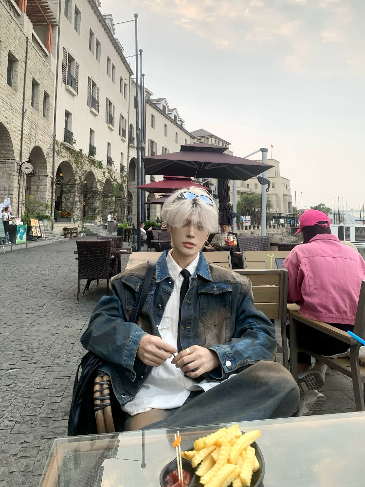 Multicolor Heavyweight Washed Denim Jacket & Washed Wide Leg Denim Jeans Setup WN19822