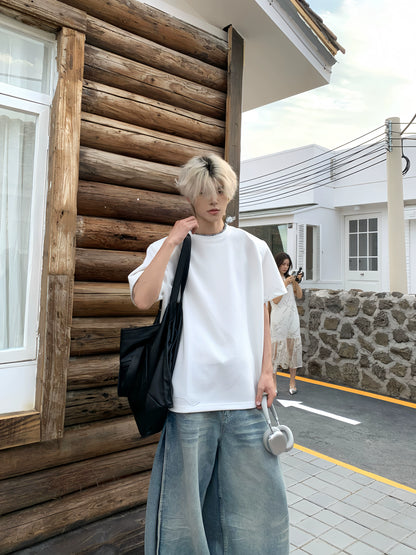 Shoulder-Pad Patchwork Oversize Short Sleeve T-Shirt WN19875