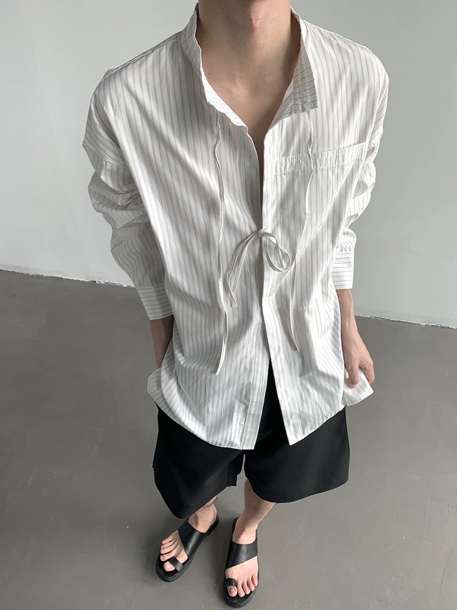 Drawstring Oversize Striped Long Sleeve Shirt WN9689