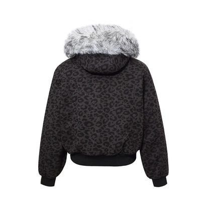 Leopard Print Fake Fur Trim Hooded Oversize Puffer Jacket WN27919