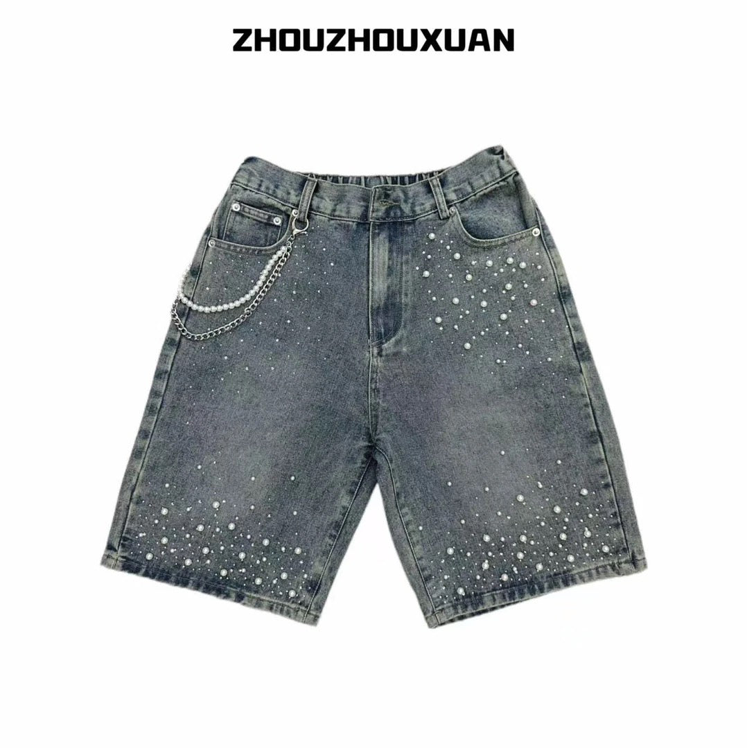 Wash Pearl Chain Short Denim Jeans WN20708