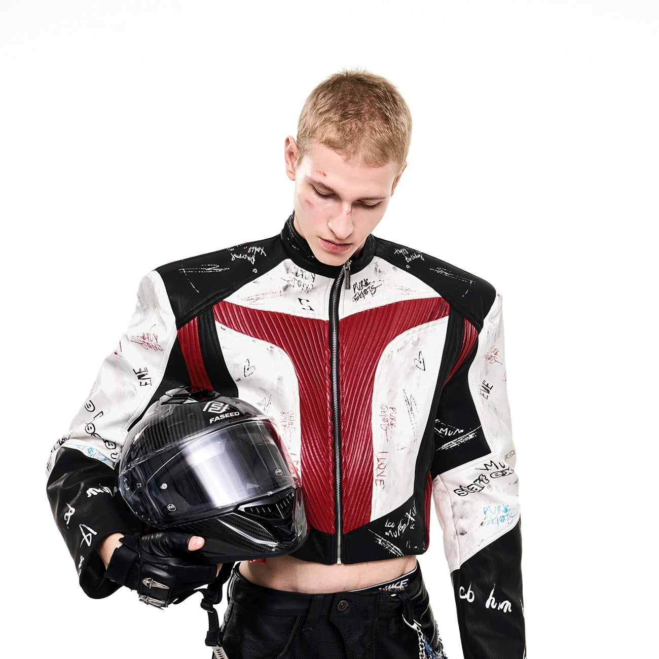 Graffiti Logo Print Stand Neck Patchwork PU Leather Short Jacket WN21808