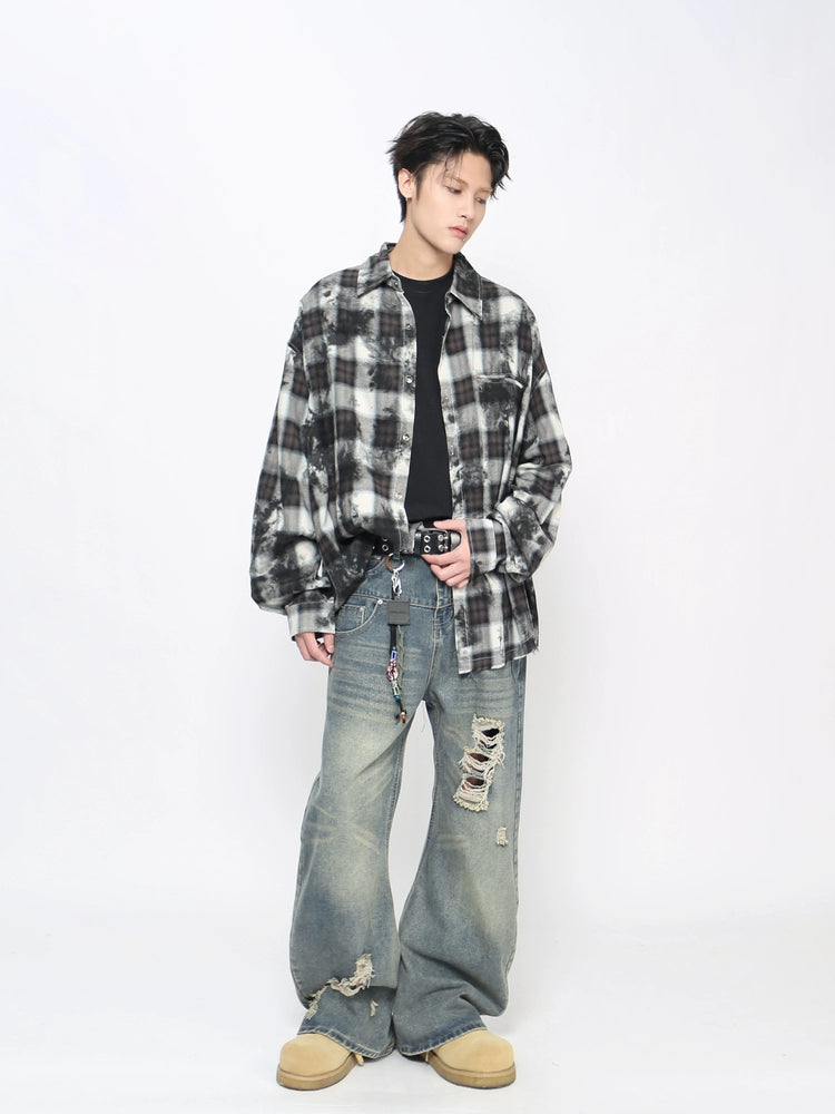 Tie-Dye Plaid Whisker Hem Long Sleeve Shirt WN21018