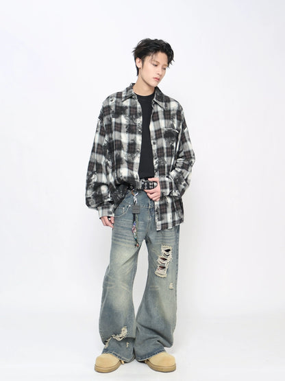 Tie-Dye Plaid Whisker Hem Long Sleeve Shirt WN21018