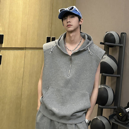 Hooded Shoulder-pad Pullover Hoodie & Layering Short Sleeve T-Shirt & Air Layer Cotton Sporty Wide Leg Pants Setup WN25225